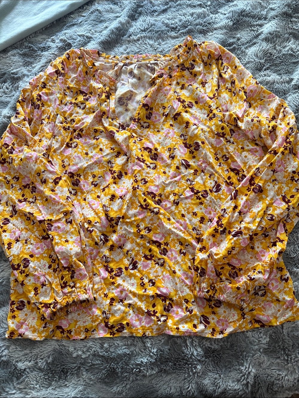 GAP Yellow Floral Long-Sleeve Blouse with Pink & Brown Accents